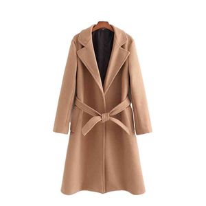 Elegant women woolen coat fashion ladies pocket outer streetwear female causal sashes loose over girls chic 210427