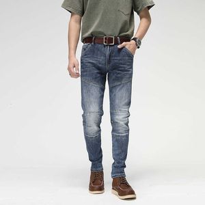 Американский уличный стиль моды мужские джинсы ретро синий эластичный тонкий подходит для велосипеда дизайнерский дизайнер хип-хоп джинсовые карандашные брюки