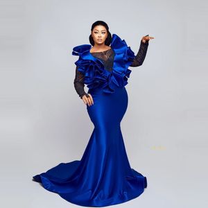 Charming Royal Blue Evening Dresses Long Sleeves Beaded Lace Ruffles Puffy Plus Size Aso Ebi Women Prom Gowns 322