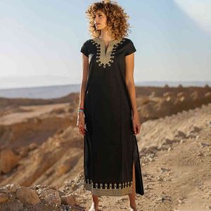 Boho Elegancki haftowany mandaryński kołnierz z krótkim rękawem Side Split Summer Women Street Wear Casual Maxi Dress N1154