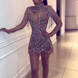 Casual Dresses Rhinestones Mini Sparkly Crystals High Neck Long Sleeve Transparent Silver Women Evening Tassels Party