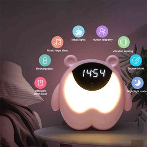 Nette Bär Zeit Nachttisch Wecker Nachtlicht RGB Wake Up Motion Sensor Musik Lampe Für Kinder Geschenke Baby Kinder schlafzimmer Dekor 210804