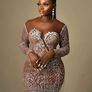 African Aso Ebi Lace Cocktail Dresses Plus Size Long Sleeve Short Prom Gowns with Tassels Off the Shoulder Club Wear