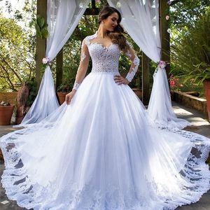 Wholesale princess ball gown dresses resale online - Robe De Mairage Bridal Modest White Long Sleeve Sheer Jewel Princess Ball Gown Dresses For Wedding Party Casual