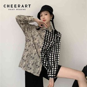 Harajuku patchwork shirt designer button up collared langarm plaid mode top japanische straßebekleidung kleidung 210427