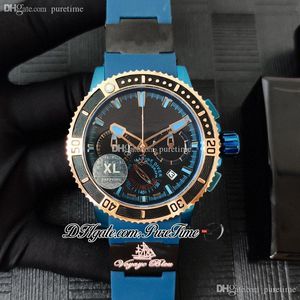 Diver Sea 353-90-3C Miyota Quarz-Chronograph Herrenuhr, zweifarbiges Roségold, schwarzes Zifferblatt, blaues Kautschukarmband mit Muster, Puretime PTUN 2021 Stoppuhr-Uhren F05b2