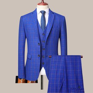 3 Sztuk Zestaw Blazers Spodnie Kamizelki / 2021 Nowe Męskie Biznes Profesjonalny Klasyczny Moda Banquet Plaid Garnitury Płaszcz Waistcoat M-4XL X0909