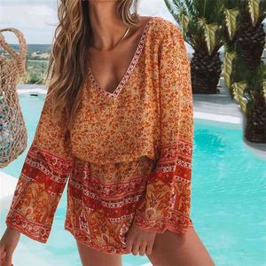 Bohemian Orange Beach Sukienka Kobiety V Neck Summer Boho Drukuj Kwiatowy Casual Bawełna Długi Rękaw Sundress 210427