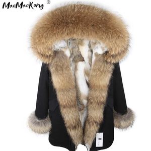 Mode Kvinnor Parkas Real Fur Rabbit Lining Hooded Long Coat Outwear Army Green Large Raccoon Fur Collar Winter Warm Jacket 211108