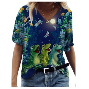 Oversized Ladies Toppar Sommar Casual Short Sleeve V-Neck Loose Plus Size Streetwear T-shirts Kvinnor Djurgroda Print Tee 210522