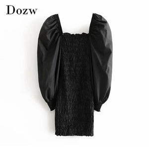 Sexy Bodycon Black Mini Dress Women Puff Long Sleeve Club Party Streetwear Square Collar Pleated Vestidos de fiesta 210515