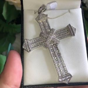 Vecalon Charm Long Cross Pendant 925 Sterling Silver Pave CZ Stone Cross Pendant Halsband för kvinnor Män Ställning Party Smycken