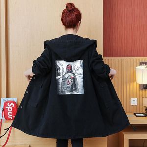 Kvinnors Jackor Höst Vinter Koreanska Kvinnor Svart Lös Denim Jacka Mode Hooded Plus Size Jeans Coats Long Casual Outerwear Toppar R676