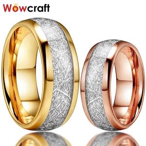 8mm Uomo Donna Oro / Oro rosa Tungsten Wedding Ring Lucido Lucido Intarsio di meteorite Cupola Fidanzamento con Comfort Fit 211217