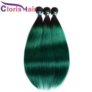 Selected Straight Human Hair Bundles Dark Root 1B Turquoise Green Colored Malaysian Virgin Weave 100g/pcs Ombre Extensions Reinforced Double Weft