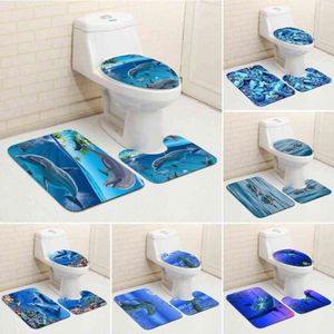 Deep Sea Blue Lovely Dolphin Pattern Bathroom Non Slip Mat 3 Piece Set Bath Rugs Toilet Seat Pad Elegant Home Decor Accessories 211109