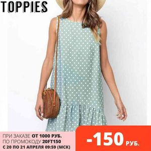 Mulheres verão às bolinhas vestido causal kawaii babados shift o-pescoço sem mangas vintage camisa solta es 210421