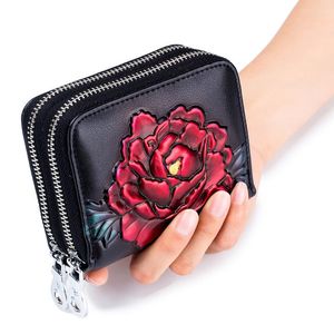 Female Card Holder Genuine Leather Double Zippers Floral Coin Multifunction Wallet Women Purse Flower Gift Girls Holders