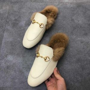 New Men Designer Genuine Leather Loafers Dress Walking Shoes Furs Luxury Slipper Buckle Fashion Women Princetown Casual Fur Mules Flats with Box