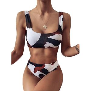 Women's Cow Printing Bikini Suits Sexy Bandage Strap Backless Top High Waist Thong Split Swimsuit Set Summer Autumn Tops Swimwear