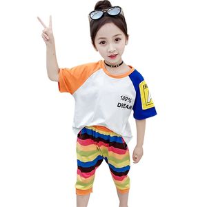 Kids Summer Clothes Girls Rainbow Tshirt + Pants Outfits Letter Clothing Sets Patchwork Children's Girl 210527