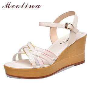 Meotina Bling Narrow Band Sandals Platform Wedge Heels Shoes Ladies Buckle High Heel Party Sandals Female Summer Beige Pink 210608
