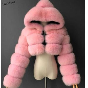 High Quality Furry Cropped Faux Fur Coats and Jackets Women Fluffy Top Coat with Hooded Winter Fur Jacket manteau femme T200905