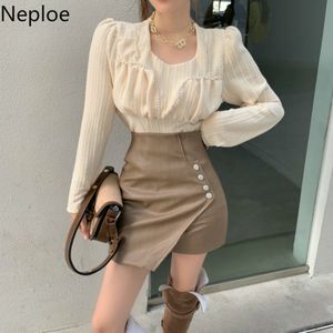 Neploe Sweet Puff Sleeve Knitted Pullovers Fall Woman Clothes Sweaters Square Collar Beading Jumper Tops Pull Femme 4G405 210422