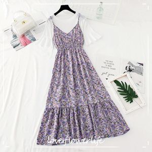 Floral Print Sling Dress Mulheres Dois Peça Set Verão Flare Manga T-shirt Top + Ruffles Chiffon Vestido Longo Moda Terno 210521