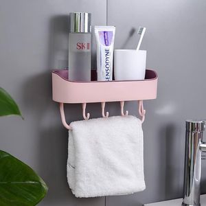 Plast Punch Free Wall Hängande Badrum Rack Självhäftande tvål Shampoo Hållare Storage Rack med 4 hängare RRD12571