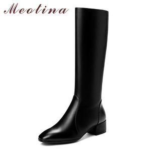 Winter Knee High Boots Women Natural Genuine Leather Block Heel Long Zip Square Toe Shoes Lady Big Size 33-43 210517