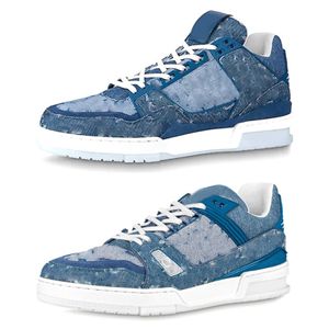 2021 Autentisk Vit Blå Denim Trainer Låg Casual Skor Man Kvinna Jeans Klättring Sko Atletisk Utomhus Sport Sneakers Med Original Box Storlek 36-45