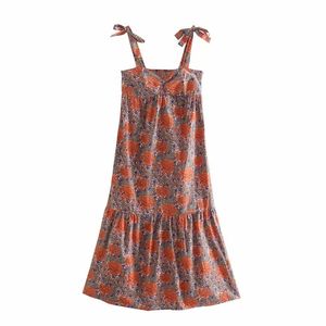 Sommarklänning Kvinnor Camisole Bow Loose Dress Lady Beach Stil Floral Tryckt Klänning Elegant Tie Up Bow Strap Elegant Midi Dresses 210521