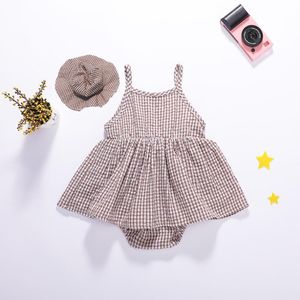Bebê bodysuit verão bebê menina roupa bebê xadrez impressão bodysuit sem mangas jumpsuit crianças menina sling vestido 210413