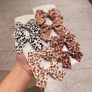 2 st / set bomullslinne Leopardtryck Bowknot Barretes Girls Double Hair Clips Barrettes Hairpins Headwear Hårtillbehör