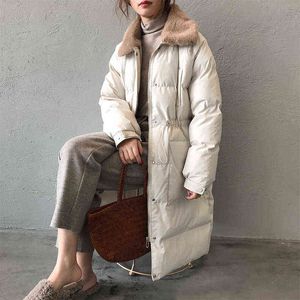 Kvinnors Winter Down Jacket Faux Kanin Fur Collar Long Drawstring Slim Zipper Ladies Chic Coat Loose Oversize Outwear Kvinna 211130