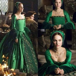 Hunter Green Tudor Filme Vestidos De Prom Vintage Square Longa Manga Laço De Veludo Medieval Histórico Renfaire Traje Vestido De Noite