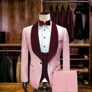 Erkek Takım Elbise Blazers 2022 Custom Made Klasik Moda Pembe Damat Smokin Groomsmen Bordo Kadife Şal Yaka Erkek Takım Elbise Düğün Blazer