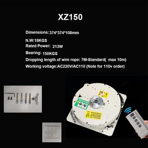 xz150kg  -  7mドロップウォールスイッチ+リモートコントロールシャンデリアホイスト照明リフター電気ウィンチ照明リフティングシステム110V-120V、220-240Vランプ