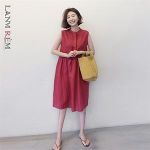 Lässiges Midi-Kleid Baumwolle Hanf Koreanisch Lose Dünn Ärmellos A-Linie Temperament Fit Mode Sommer Damen 2P1660 210526