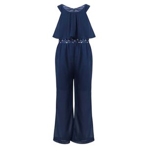 Sparkly Rhinestone Casual Girls Jumpsuit Summer 2021 Sleeveless Zipper Girl Overalls Chiffon Wide Leg Kids Jumpsuits 6 8 10 12 Y