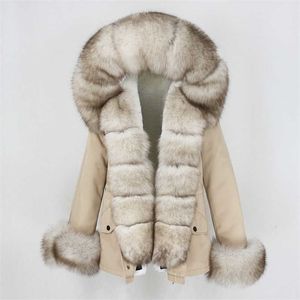 の防水ショートパーカー冬のジャケットの女性の本物の毛皮のコートナチュラルカラーフード暖かいストリートウェア取り外し可能211110