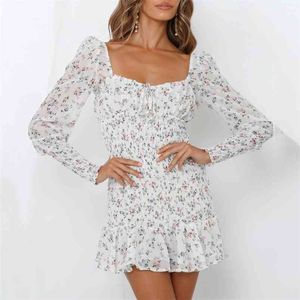 White Sheer Long Sleeve Dress Women autumn Boho Floral Bodycon Vintage Ruffle Elastic casual Sundress 210427