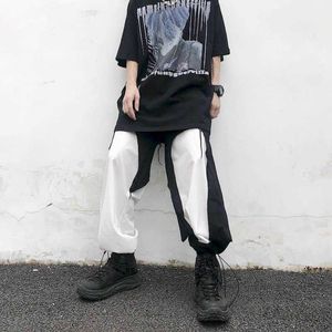 pants women men Street dark simple hip-hop style black white contrast color stitching broken edge sports high street stacking 210526