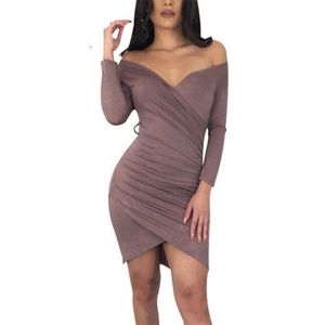 Women Dress Ruched Summer Elegant Fashion Polyester Full Length Sleeve Off-the-shoulder Big Open V-neck Solid Color 210522