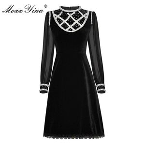 Fashion Designer dress Spring Women's Dress Lace Long sleeve Knitting Beaded Velvet Slim Elegant Dresses 210524