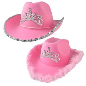 Skąpe brzeg kapelusze różowy cowgirl dla kobiet krowa dziewczyna z tiara neck draw string filc kowbojski kostium akcesoria party hat grać