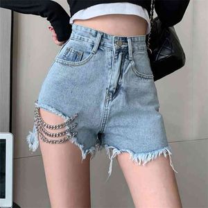 Summer Women Chain Splicing Denim Shorts Lady Fashion Casual Wide Leg Pants Solid Color High Waist Loose A-line Jeans 210430