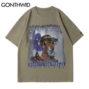 Футболки Streetwear Hip Hop Men Gothic Punk Rock Robots Человеческие Распечатать с коротким рукавом Tees Harajuku Хлопок повседневная Свободные вершины 210602