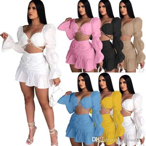 2022 Spring Dresses Set Sexy Women Two Piece Dress Hollow Out Long Sleeve Crop Top Pleated Skirt Fashion Ladies Shirt